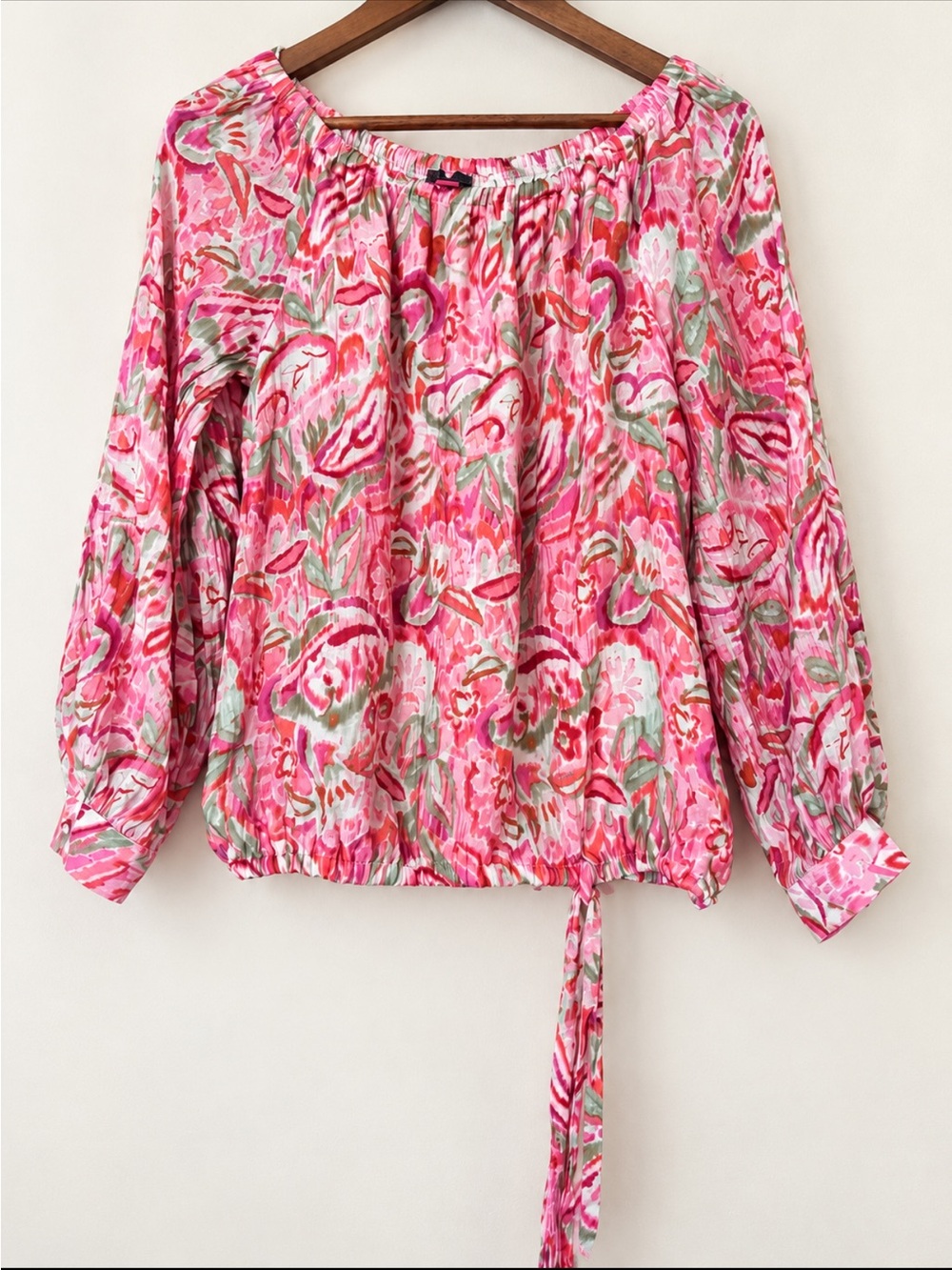 Vince Camuto Floral Peasant Blouse Medium Pink Green Off Shoulder Tie Hem
